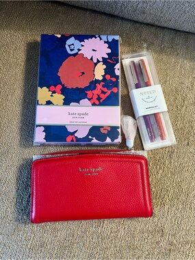 Bundle Kate Spade Red Pebbled Leather Wallet & Notepad and Markers